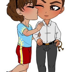 A sporty male character kissing a business-like male character on the cheek, done in chibi style.