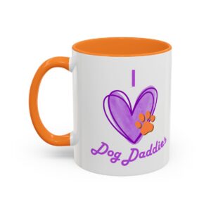 Mug with "I [heart symbol with a paw print] Dog Daddies"