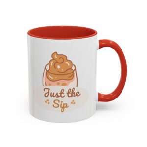 White mug with phrase "Just the Sip" under a graphic of a glass with whipped cream